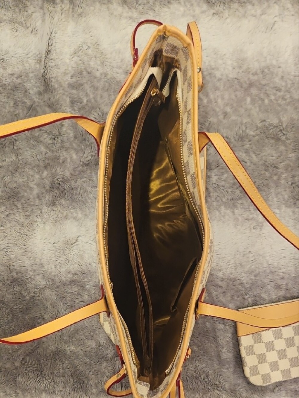 Checked Fashion Bag with Matching Pouch - Cream/Tan - Picture 3 of 5
